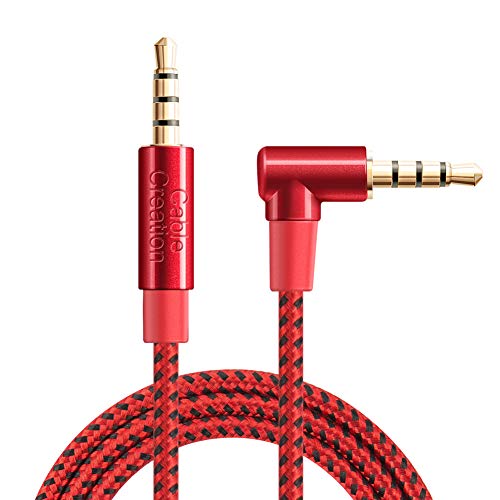 Product Cover TRRS Cable,CableCreation Right Angle 4 Pole 3.5MM Male to Male Audio Stereo HiFi Cable with Silver-Plating Copper Core Compatible with Car, iPhones, Speakers, Beats, 24K Gold Plated, Red/1.5ft