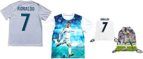 Product Cover Sport Fans Edge Ronaldo Jersey Style T-Shirt Kids Cristiano Ronaldo Jersey Picture T-Shirt Gift Set Youth Sizes ✓ Premium Quality ✓ ✓ Soccer Backpack Gift Packaging (YM 8-10 Years Old, Ronaldo)