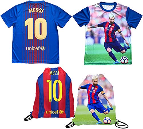 Product Cover Messi Jersey Style T-shirt Kids Lionel Messi Jersey Picture T-shirt Gift Set Youth Sizes ✓ Premium Quality ✓ ✓ Soccer Backpack Gift Packaging (YL 10-13 Years Old, Messi)