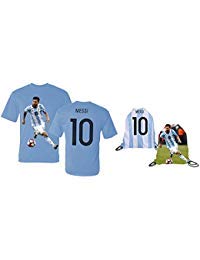 Product Cover Messi Jersey Style T-shirt Kids Argentina Lionel Messi Jersey T-shirt Gift Set Youth Sizes ✓ Premium Quality ✓ ✓ Soccer Backpack Gift Packaging (YS 6-8 Years Old, Messi)