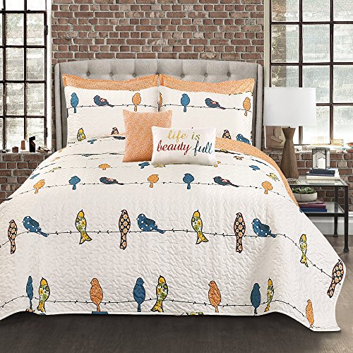 Product Cover Lush Decor Rowley Quilt-Reversible 7 Piece Bedding Set with Floral Animal Bird Print and Decorative Pillows-Full Queen-Multicolor, Multi