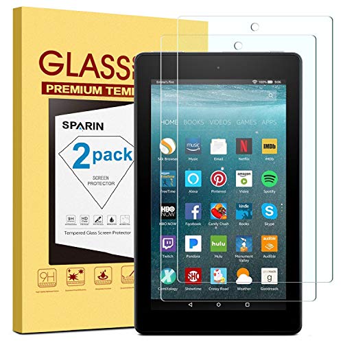 Product Cover [2 Pack] Fire 7 / Fire 7 Kids Edition Screen Protector, SPARIN Tempered Glass Screen Protector for All-New Fire 7 (9th/7th Gen, 2019/2017 Release) with Bubble Free/Scratch Resistant