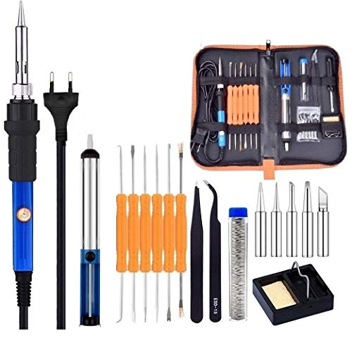 Product Cover Corslet Soldering Tool Kit with Adjustable Temperature Welding Iron, 5 Tips, Desoldering Pump, 2 Tweezers, Tin Wire Tube, Stand and 6 Aid Tools in PU Carry Bag (SOLDERING IRON KIT)