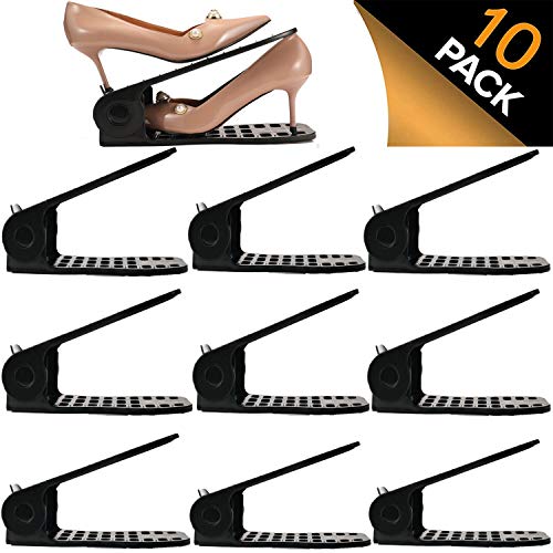 Product Cover Shoe Slots Organizer, BASHUO Home Double Layer Shoe Slots Organizer-Space Saver Rack Holder for Shoes Adjustable Space Saver Storage Rack Holder(10-Pack Black)