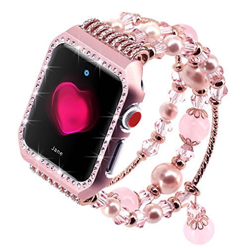 Product Cover Falandi Apple Watch Band 42mm, Glittering Diamond Metal Rose Gold Case with Handmade Elastic Stretch Bracelet Fashion Women Girls Rhinestone Replacement Strap for iWatch Series 3/2 / 1(M, Pink-42mm)