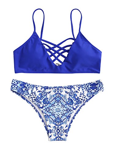 Product Cover SweatyRocks Women's Bathing Suit Adjustable Spaghetti Strap Porcelain Print Criss Cross Bikini Set Blue S