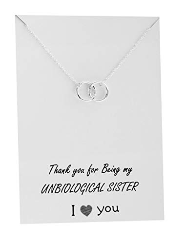 Product Cover Friendship Necklace Sister Double Interlocking Circles Pendant Gift card Family Friends Jewelry Love for Her Silver toned (Thank you for being my unbiological sister necklace)