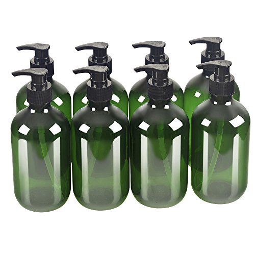 Product Cover 8 Pack Green 500ml 16.7oz Empty Plastic Pump Bottles.Refillable Bottle for Cooking Sauces,Essential Oils,Lotions,Liquid Soaps or Organic Beauty Products(8 Chalkboard Labels as gift)
