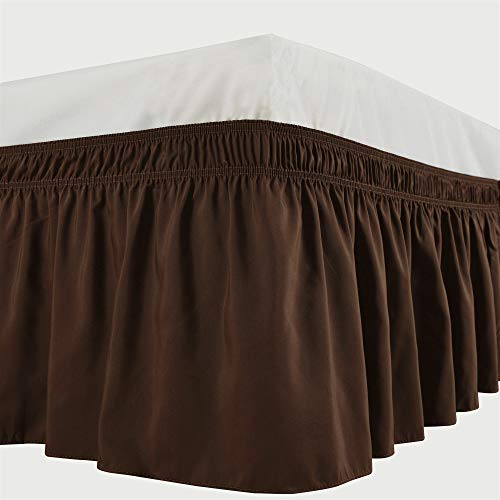Product Cover Biscaynebay Wrap Around Bed Skirts Elastic Dust Ruffles, Easy Fit Wrinkle and Fade Resistant Luxurious Silky Textured Durable Fabric, Brown King 15 Inches Drop