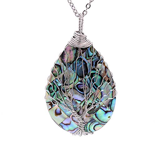 Product Cover Wire Wrapped Abalone Teardrop Necklace - Handmade Silver Abalone Shell Water Drop Tree of Life Pendent Jewelry for Women