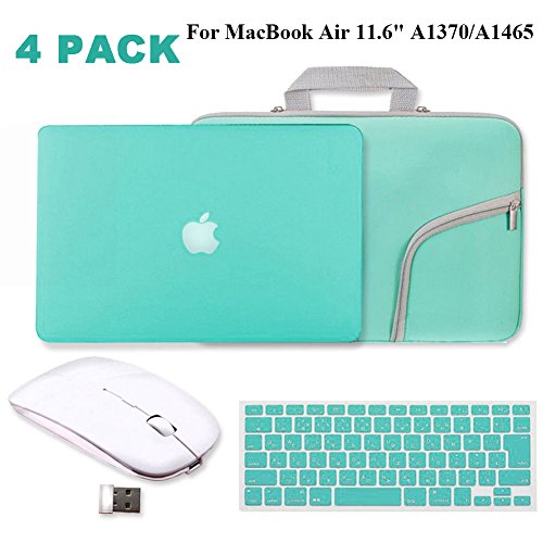 Product Cover Turquoise Matte Hard Case for MacBook Air 11.6,IC ICLOVER Rubberized (Rubber Coated) Shell Case +Silicone Keyboard Cover Protector +Sleeve Bag+Wireless Mouse for MacBook Air 11 inch A1370,A1465