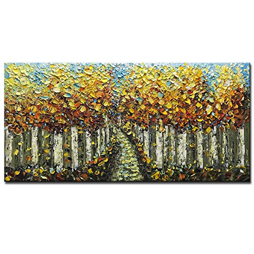 Product Cover Asdam Art-Yellow Birch Tree Oil Painting on Canvas Landscape Horizontal Wall Art Modern Abstract Paintings for Living Room Bedroom Dinning Room Office 24x48 inch