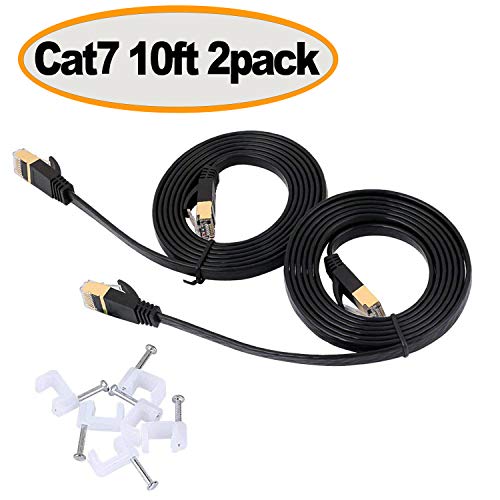 Product Cover Cat 7 Ethernet Cable 10 ft Flat, Shielded Cat7 Solid Ethernet Patch Cord, Fastest Internet RJ45 Short Wire for Modem, Router, LAN, Computer - Higher Speed Than Cat 5e, Cat6 Network (10Ft-2pack-Black)