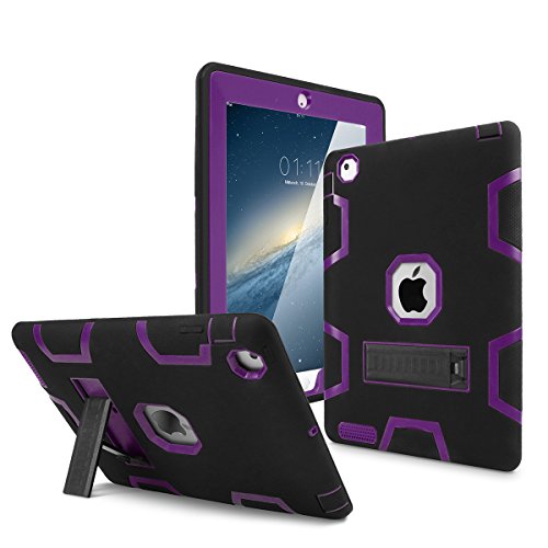 Product Cover iPad 2 Case,iPad 3 Case,iPad 4 Case, AICase Kickstand Shockproof Heavy Duty High Impact Resistant Rugged Hybrid Three Layer Armor Full Body Protection Case with Stylus for iPad 2/3/4 (Black/Purple)