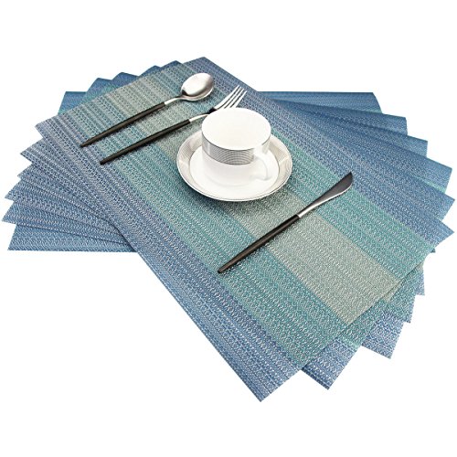 Product Cover Bright Dream Placemats Washable Easy to Clean PVC Placemat for Kitchen Table Heat-resistand Woven Vinyl Hard Table Mats 12x18 inches Set of 6 （Blue）