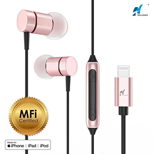 Product Cover NASUDAKE MFi A1 Plus iPhone Earbuds, Stereo Lightning Headphones w/Noise Cancelling Siri Active Feature Lightning in-Ear Wired Earphone w/Mic & Remote Compatible with iPhone X, 8/8 Plus (Rose Gold)
