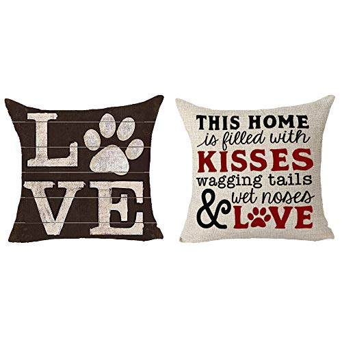 Product Cover Queen's designer 2 Piece Set Saying This Home is Filled with Kisses Wagging Tails Wet Noses and Love Dog Claw Animal Cotton Linen Decorative Throw Pillow Case Cushion Cover Square 18