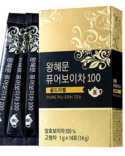 Product Cover [Dr. MOON] Dr. Wang Hye Moon`s Pure Pu-erh Tea 100 Gold Label (1g x 14 packets) - 100% Pure Pu-erh Tea from Yunnan Province, 1300-Days Fermented, High Antioxidant, Natural Metabolism Booster