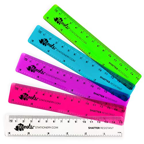 Product Cover Monster Stationery - 6 Inch / 15cm Transparent Coloured Rulers - Shatter Resistant - Pack of 5 - Mixed