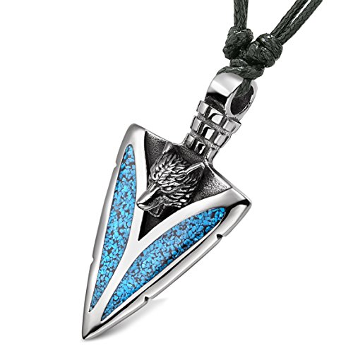 Product Cover Arrowhead Howling Wolf Courage Powers Protection Amulet Charm Simulated Turquoise Adjustable Necklace