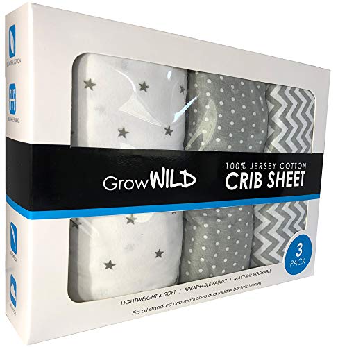 Product Cover Grow Wild Premium Crib Sheets 3 Pack | Jersey Cotton Fitted Sheets for Boy or Girl | Standard Baby or Toddler Bed Mattress | Grey Chevron, Polka Dots, Stars