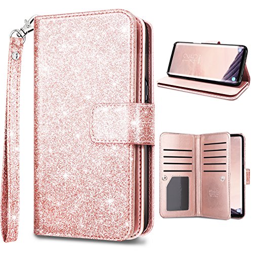 Product Cover Samsung S9,Galaxy S9 Wallet Case,Fingic Luxury Glitter Wallet Case Nickel Plated Press Stud[Cash Holder][Wrist Strap][Magnetic Snap Closure] Protective Cover for Samsung Galaxy S9 (5.8inch),Rose Gold
