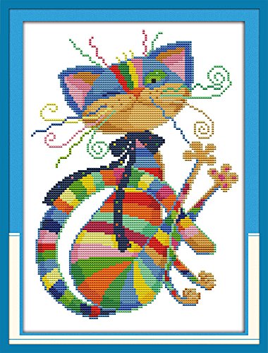 Product Cover Maydear Cross Stitch Kits Stamped Full Range of Embroidery Starter Kits for Beginners DIY 11CT 3 Strands - Colorful cat 13×17(inch)
