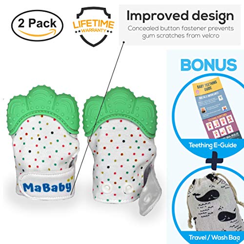 Product Cover Baby Teething Mittens Soothing Pain Relief Teether with Non-Scratch Button Fastener / Travel Bag 3-12 months Babies Shower Gifts Mitt Silicone Toys by MaBaby (Mint Green)