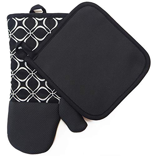Product Cover Heat Resistant Hot Oven Mitts & Pot Holders for Kitchen Set With Cotton Neoprene Silicone Non-Slip Grip Set of 2, Oven Gloves for BBQ Cooking Baking, Grilling, Machine Washable (Black Neoprene)
