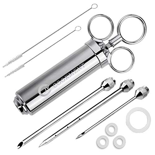 Product Cover JY COOKMENT Meat Injector Syringe 2-oz Marinade Flavor Barrel 304 Stainless Steel with 3 Professional Needles 2 Cleaning Brushes and 4 Silicone O-Rings