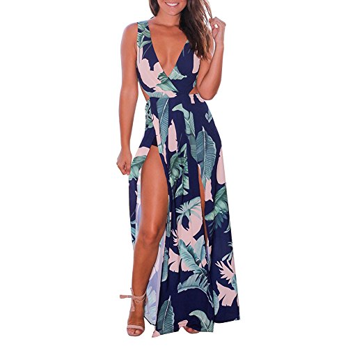 Product Cover JUNBOON Sexy Sleeveless V-Neck Split Long Beach Dress Floral Print Maxi Dress