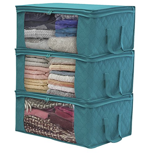 Product Cover Sorbus Foldable Storage Bag Organizers, Large Clear Window & Carry Handles, Great for Clothes, Blankets, Closets, Bedrooms, and More (3-Pack, Aqua)