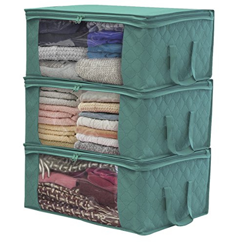Product Cover Sorbus Foldable Storage Bag Organizers, Large Clear Window & Carry Handles, Great for Clothes, Blankets, Closets, Bedrooms, and More (3-Pack, Teal)