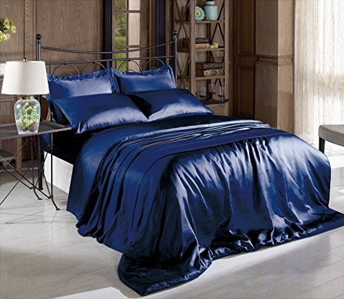 Product Cover Hight Thread Count Solid Color Soft Silky Charmeuse Satin Luxury and Super Soft Bed Sheet Set (Navy Blue, King)