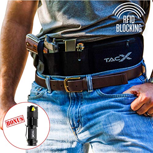 Product Cover Belly Band Holster For Concealed Carry + Tactical LED Light | IWB/OWB Waist Band Handgun Carrying System | Adjustable Waist Hand Gun Holder For Pistols w/ Waterproof Zipper Pocket | RH, LH, XL