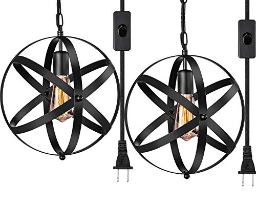 Product Cover Industrial Plug in Pendant Light E26 E27 Industrial Hanging Light Metal Globe Vintage Pendant Light Fixture with 14.8Ft Hanging Cord and ON/Off Switch 2 Pack