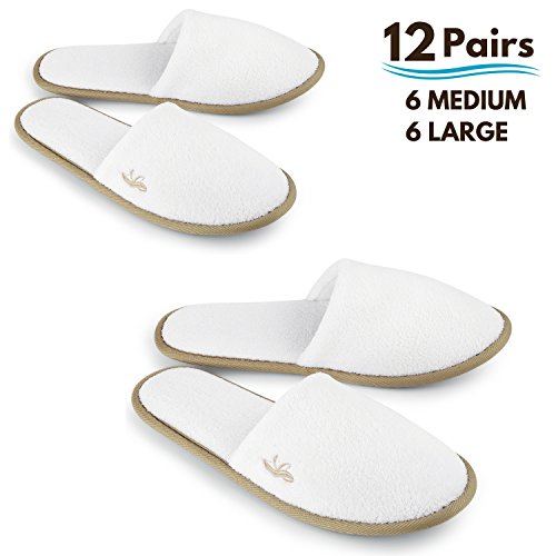 Product Cover BERGMAN KELLY Spa Slippers, Closed Toe (White, Cocoa Trim, 12 Pairs- 6 Large, 6 Medium) Disposable Indoor Hotel Slippers for Men and Women, Fluffy Coral Fleece, Deluxe Padded Sole for Extra Comfort