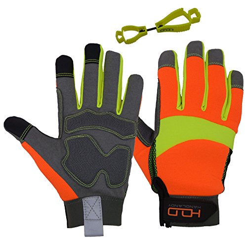 Product Cover HANDLANDY Hi-vis Reflective Work Gloves, Anti Vibration Safety Gloves, Touch Screen, Orange Flexible Spandex Back Large