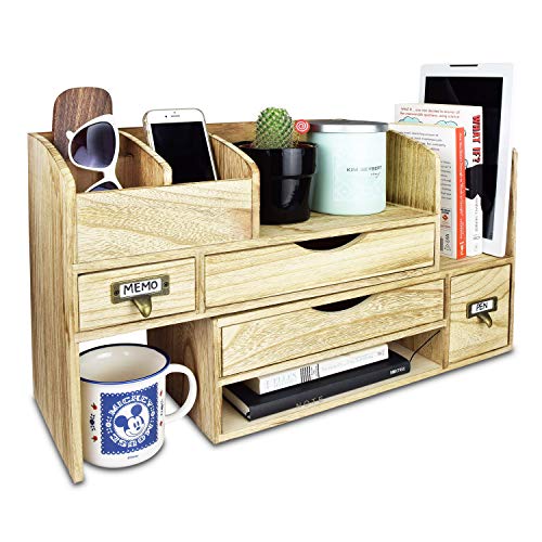 Product Cover Ikee Design Large Adjustable Wooden Desktop Organizer For Office Supplies Storage Shelf Rack - Book Shelf, Stationary Compartment Holder, Mail Holder, And Desk Accessory Storage. Space Saver All In One Organizer.