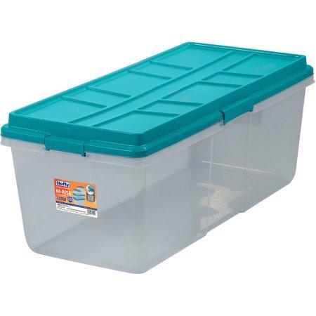 Product Cover Hefty HI-RISE Storage Bins, 113 Qt. XL Stackable Bin with Latch, Teal/Clear