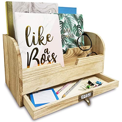 Product Cover Ikee Design Desk File Sorter Organizer, Desk Supplies Organizer, All-Purpose Document Letter Mail Tray Sorter with 3 Slots and A Small Storage Drawer for Desktop, Tabletop, or Counter