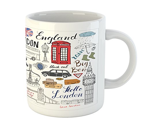 Product Cover Ambesonne Doodle Mug, I Love London Double Decker Bus Telephone Booth Cab Crown of United Kingdom Big Ben, Ceramic Coffee Mug Cup for Water Tea Drinks, 11 oz, Red White