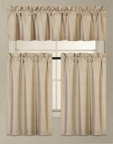 Product Cover Fancy Collection 3 Pieces Faux Silk Blackout Kitchen Curtain Set Tier Curtains and Valance Set Solid Taupe Window Set Thermal Backing Drapes New