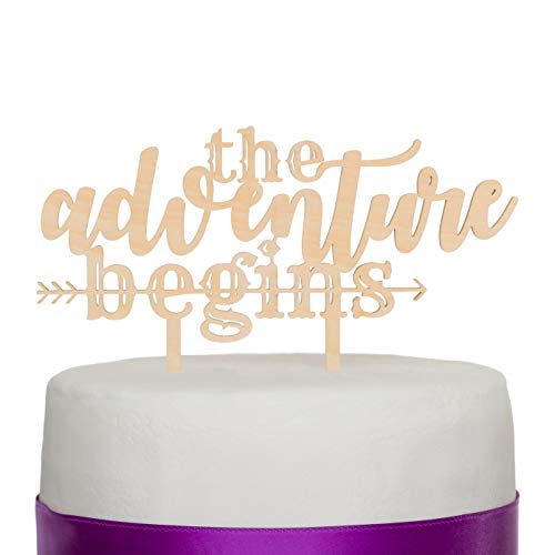 Product Cover Ella Celebration The Adventure Begins Wooden Wedding Cake Topper, IMPROVED Arrow Rustic Wood Decoration 8 Inch Width (Adventure Begins)