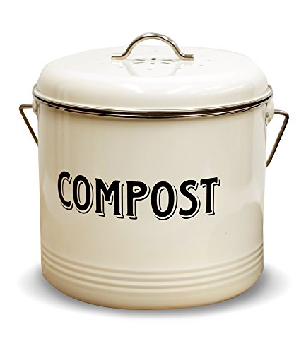 Product Cover Compost Bin with 7 FREE Charcoal Filters by Silky Road | 1.3-Gallon / 5-Liter | Vintage Cream Powder-Coated Carbon Steel | Kitchen Pail with Lid, Trash Keeper Container Bucket, Recycling Caddy