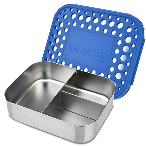 Product Cover LunchBots Medium Trio II Snack Container - Divided Stainless Steel Food Container - Three Sections for Snacks On The Go - Eco-Friendly, Dishwasher Safe, BPA-Free - Stainless Lid - Blue Dots
