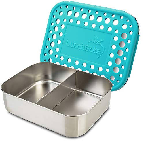 Product Cover LunchBots Medium Duo Snack Container - Divided Stainless Steel Food Container - Two Sections for Half Sandwich and a Side - Eco-Friendly - Dishwasher Safe - Stainless Lid - Aqua Dots