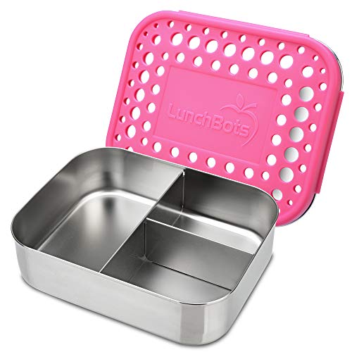 Product Cover LunchBots Medium Trio II Snack Container - Divided Stainless Steel Food Container - Three Sections for Snacks On The Go - Eco-Friendly, Dishwasher Safe, BPA-Free - Stainless Lid - Pink Dots