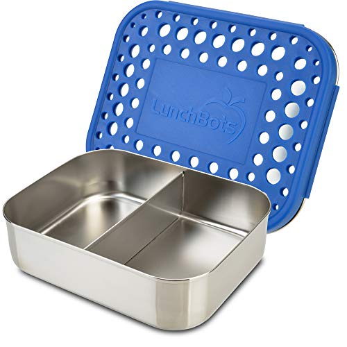 Product Cover LunchBots Medium Duo Snack Container - Divided Stainless Steel Food Container - Two Sections for Half Sandwich and a Side - Eco-Friendly - Dishwasher Safe - Stainless Lid - Blue Dots