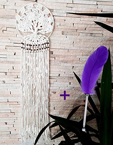 Product Cover Dream Catchers Macrame White Cotton Knitted with TREE of LIFE theme, LARGE SIZE (37.4 length x 9.84 diameter) Wall Hanging Home Decoration, Boho Wedding Ornament Decor + 1 Natural Feather Pen GiFT